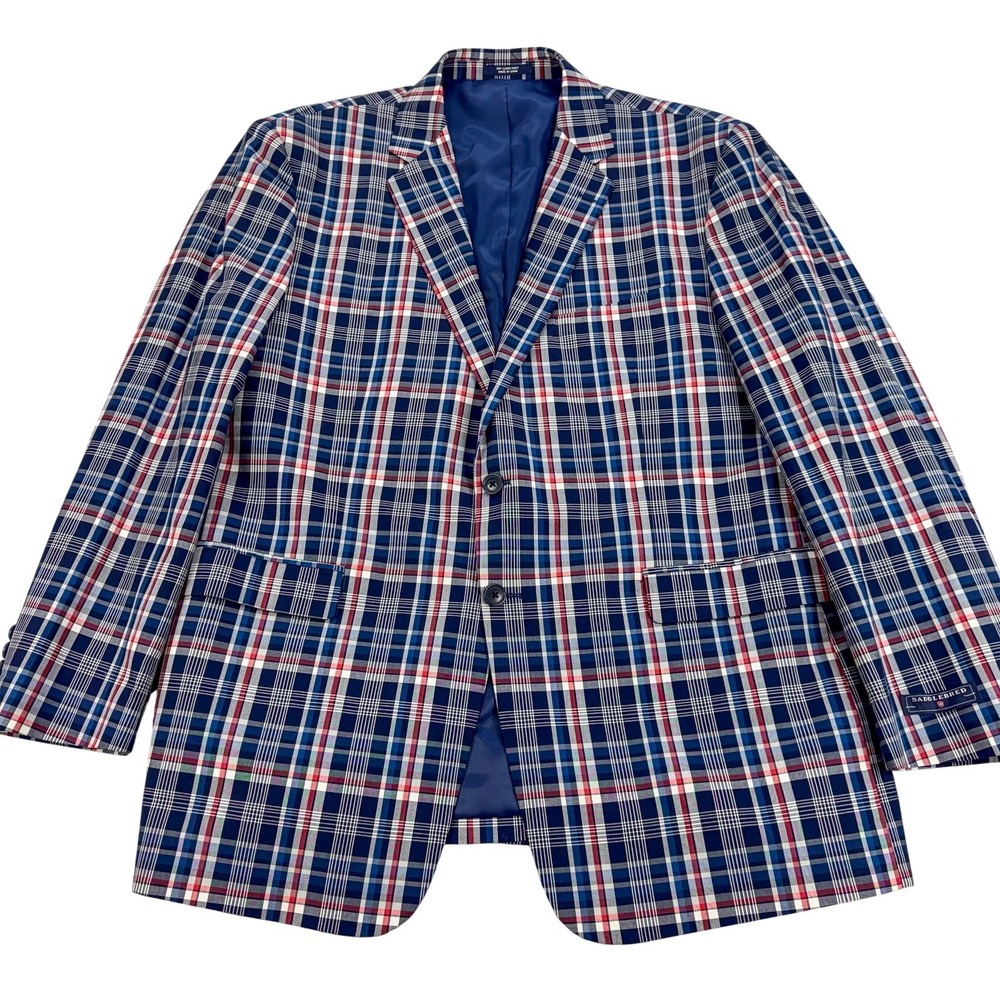 Saddlebred Sport Coat Mens 48R Blue Plaid Cotton 2 Button Classic Jacket